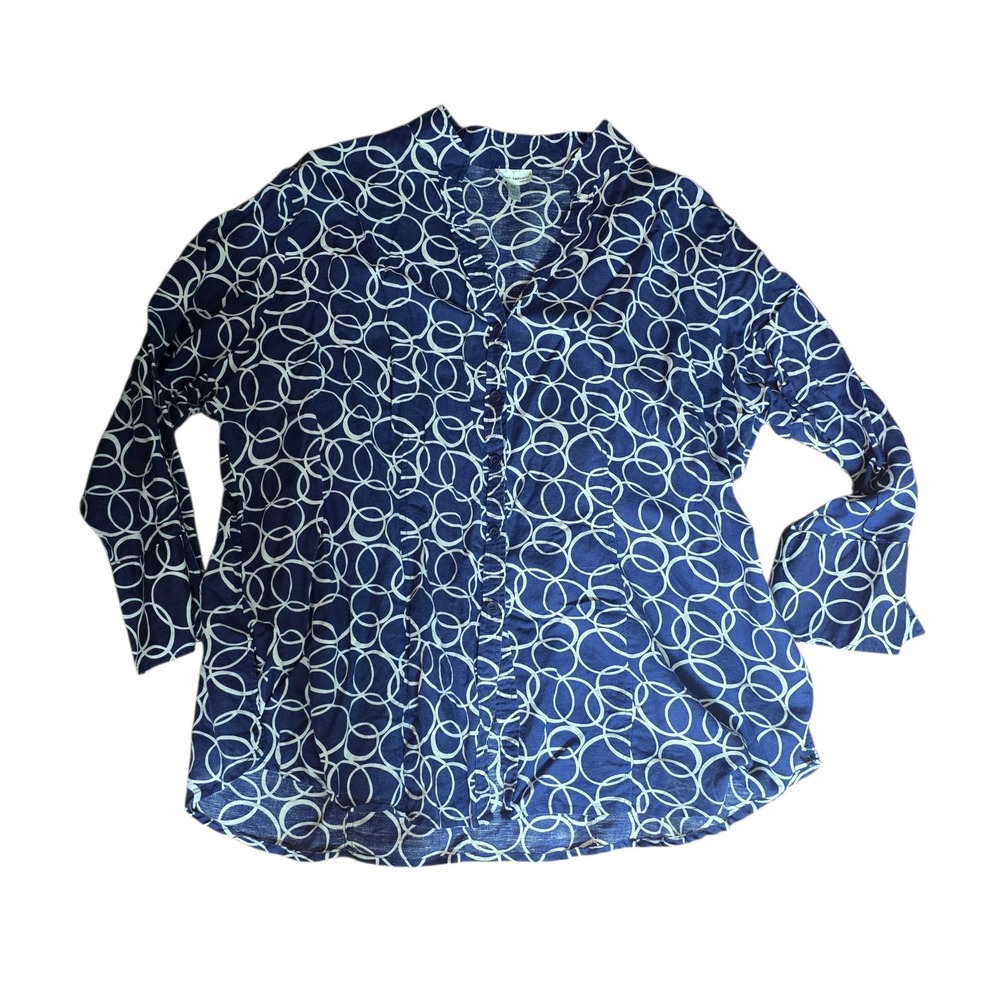 Harve Benard Woman 2X Navy Blue White Circle Print Linen Cotton Button Up Shirt